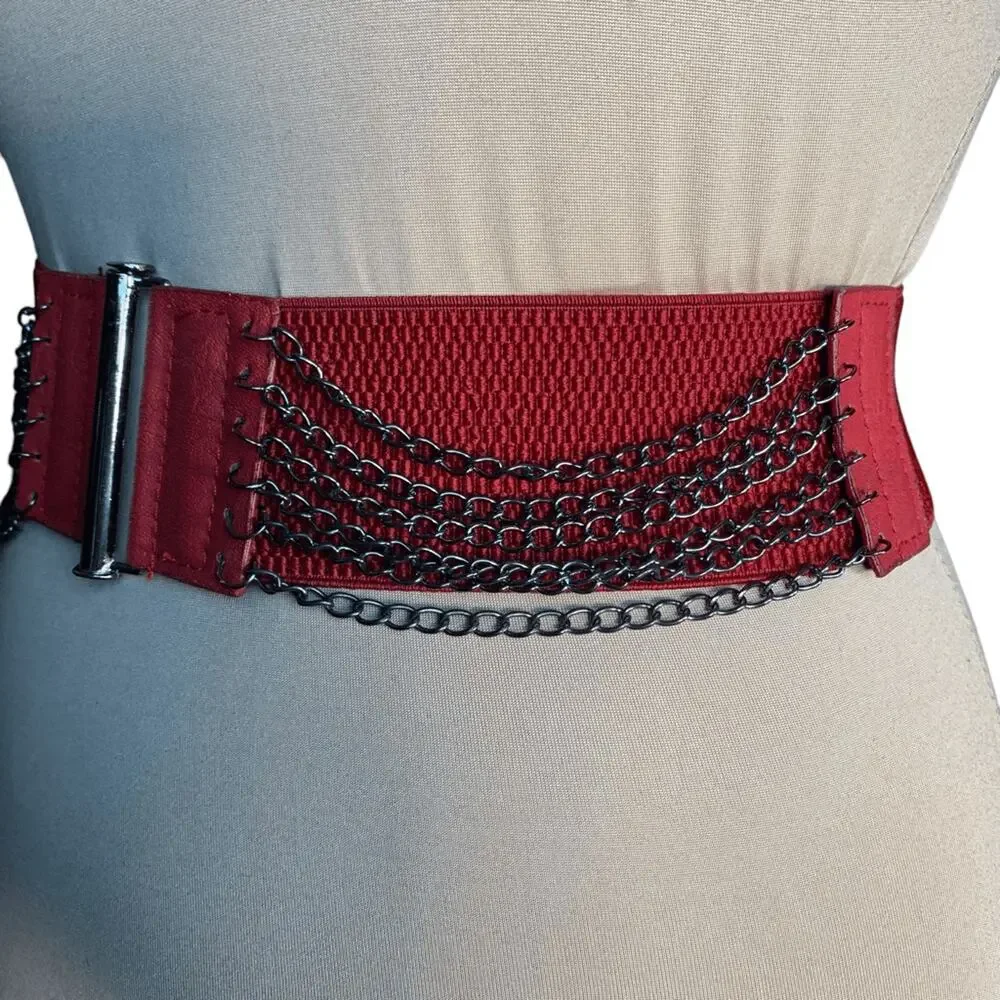 Vintage Y2K Red Leather Layered Chain Belt Festival Statement Edgy Accessory